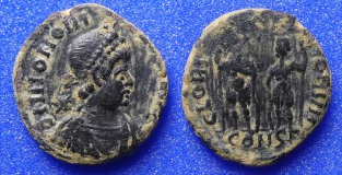 Theodosius II & Honorius AE Follis, Two Emperors, c408-423, Constantinople Mint, SCARCE