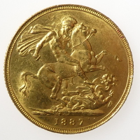 Victoria, Full Gold Sovereign, George & the Dragon Rev, VF+ 1887