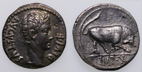 Augustus, Silver 'Bull Butting' Denarius, Lugdunum, 15-13 BC