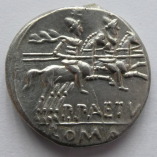 Publius Aelius Paetus, Later Silver Denarius, Head of Roma/Dioscuri, 138 BC, R